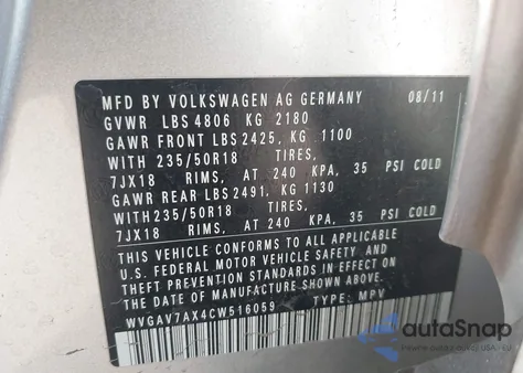 2012 Volkswagen Tiguan Se z USA, uszkodzony, nr VIN WVGAV7AX4CW516059
